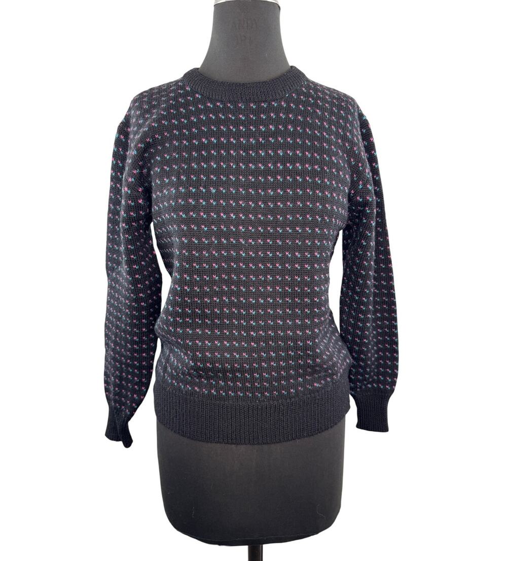 VTG Sierra Woolens Black Sweater Wool Polka Dot Crew Neck Pullover Size Small S